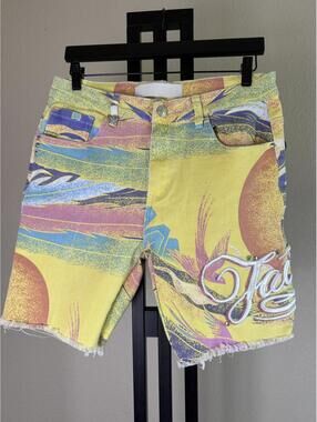 Original Fables Twill Shorts Mens 34 Yellow Print Frayed Jorts Summer——